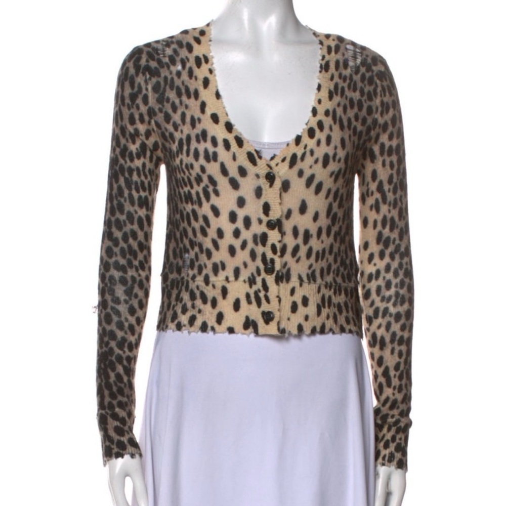 R13 Leopard-Print Cropped Button Cardigan in Beige & Black‎